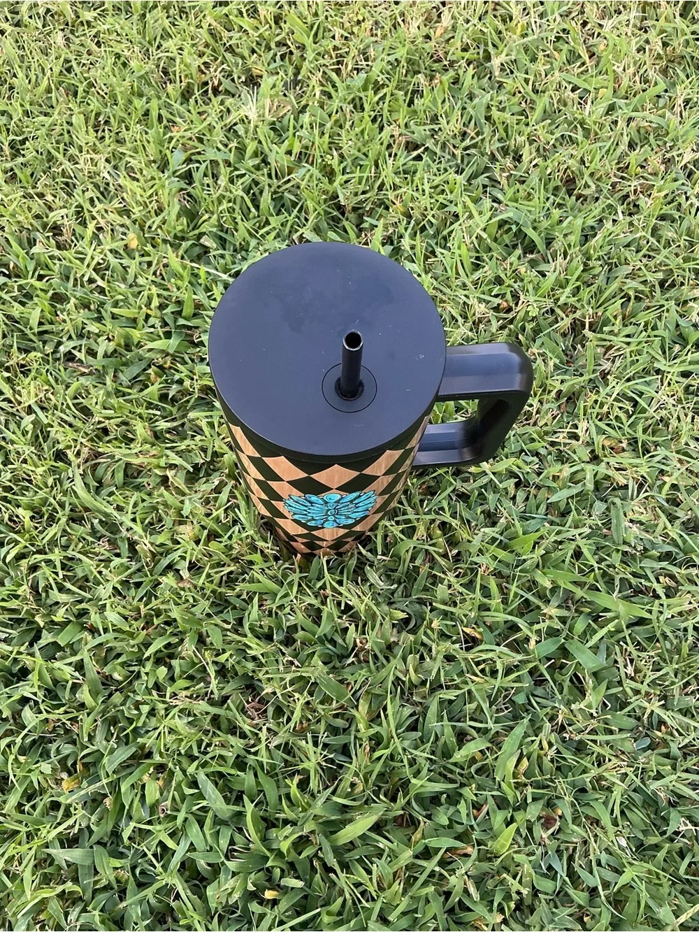 Myra Bag Black & Gold Diamond Travel Tumbler with Turquoise Floral Accent